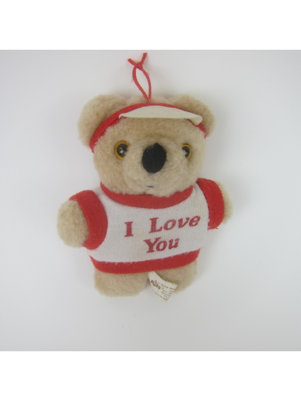 Vintage Russ Berrie Teddy Bear Ornament Tan Mini 4" I Love You Shirt & Sun Visor